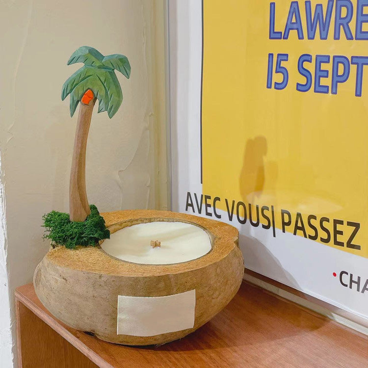 Coconut Boat Candle with Palm Tree | Soy Wax & Wood Wick