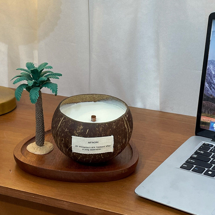 Coconut Shell Candle with Palm Tree | Soy Wax Wood Wick for Desk Decor