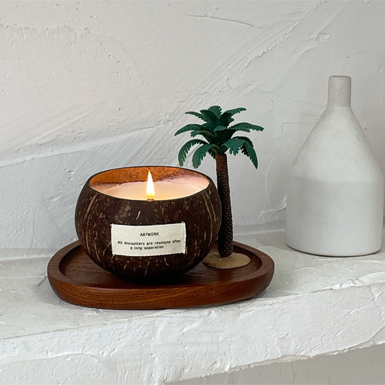 Coconut Shell Candle with Palm Tree | Soy Wax Wood Wick for Desk Decor