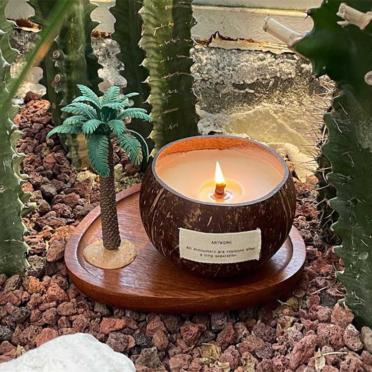 Coconut Shell Candle with Palm Tree | Soy Wax Wood Wick for Desk Decor