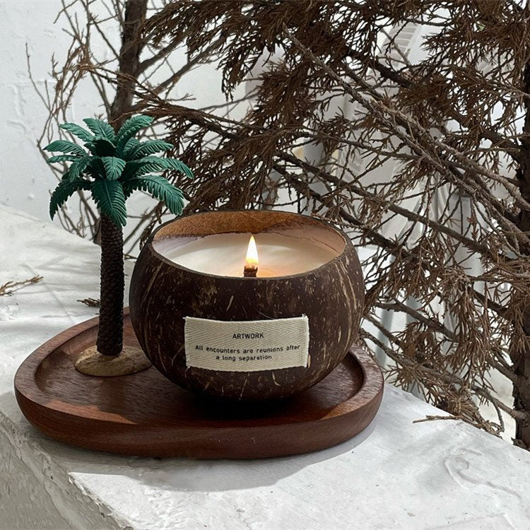 Coconut Shell Candle with Palm Tree | Soy Wax Wood Wick for Desk Decor