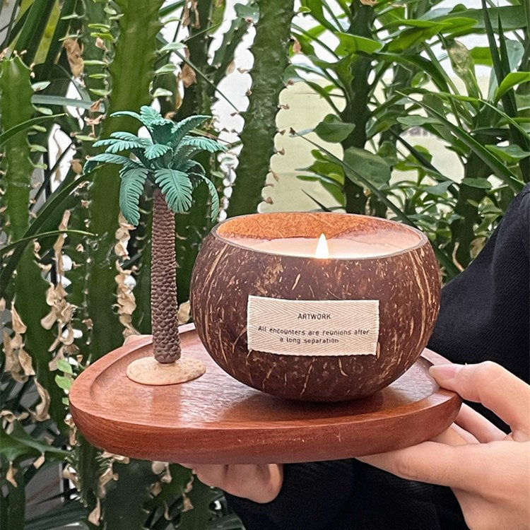 Coconut Shell Candle with Palm Tree | Soy Wax Wood Wick for Desk Decor